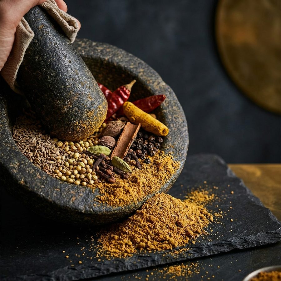 Whole spices being ground for Buraq's house masala